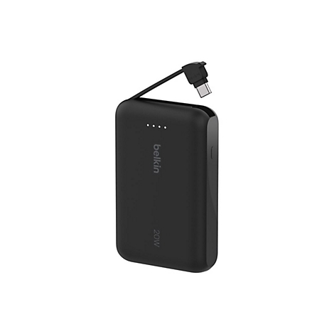 Batterie externe noire Belkin avec câble USB-C. Inscription : "Belkin 20W".