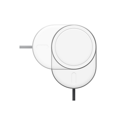 Chargeur sans fil pour montre intelligente, blanc avec contour gris. Câbles aux deux extrémités.