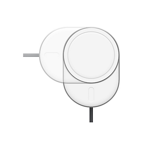 Un chargeur blanc et circulaire avec un bord gris et un câble noir connecté en biais.