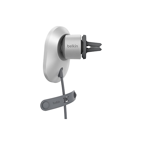 Support de téléphone de voiture gris, marque Belkin, avec fixation d'aération.