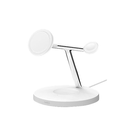 Weiße, kabellose 3-in-1-Ladestation von Belkin auf weißem Hintergrund.