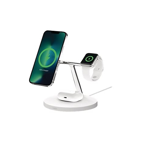 Weiße 3-in-1-Ladestation mit einem iPhone, einer Apple Watch und AirPods auf einer runden Basis.