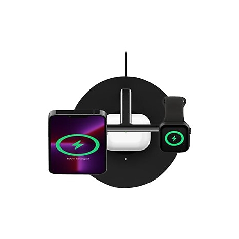 Schwarze Ladestation mit iPhone, Apple Watch und AirPods, die alle mit Strom versorgt werden.