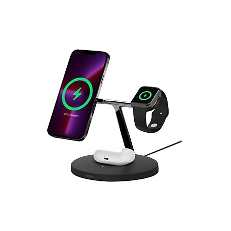 Drahtlose Ladestation für Smartphone, Kopfhörer und Smartwatch, zeigt Ladevorgang. Auf dem Telefon steht '100% geladen'.