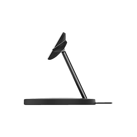 Schwarze Handy-Ladestation, schräg von der Seite gezeigt. Bestehend aus einem runden Sockel, einer Säule und einer schrägen Fläche.