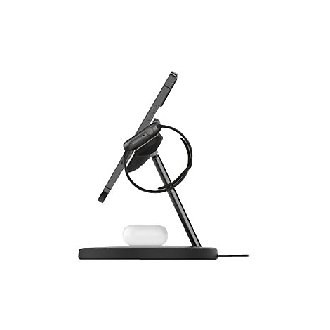 Schwarze Ladestation für Handy, Uhr und Kopfhörer; iPhone lehnt sich an.