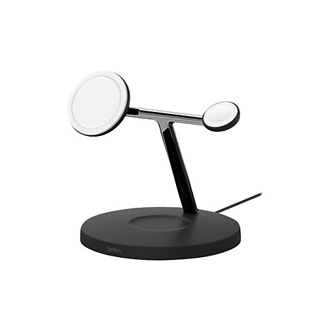 Schwarze Belkin 3-in-1 Ladestation für iPhone, Apple Watch und AirPods auf weißem Hintergrund.