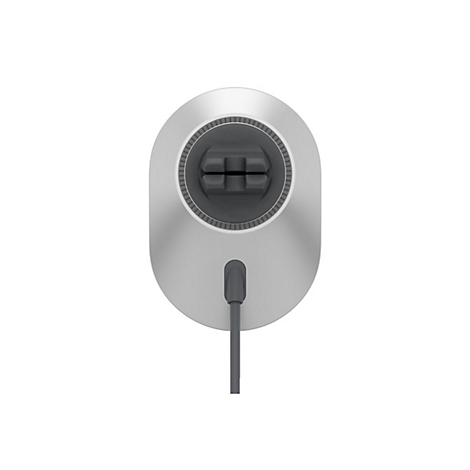 Draufsicht auf ein silbernes Ladegerät mit einem dunklen, kreuzförmigen Halter und einem grauen Kabel.