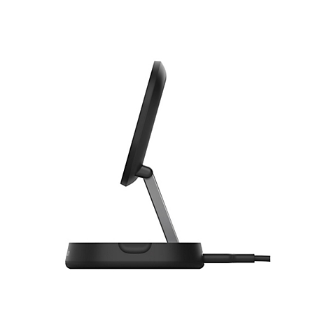 Vue de dessus d'un chargeur noir pour smartphone avec câble.