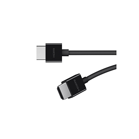 Zwei schwarze HDMI-Kabel mit grauen Steckern, die auf weißem Hintergrund liegen. Der Schriftzug HDMI ist auf den Steckern zu sehen.