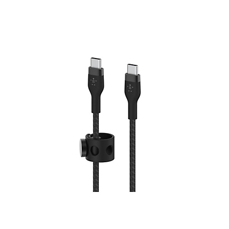 Zwei schwarze USB-C-Kabel. Das linke Kabel wird von einem runden, schwarzen Kabelhalter gehalten.