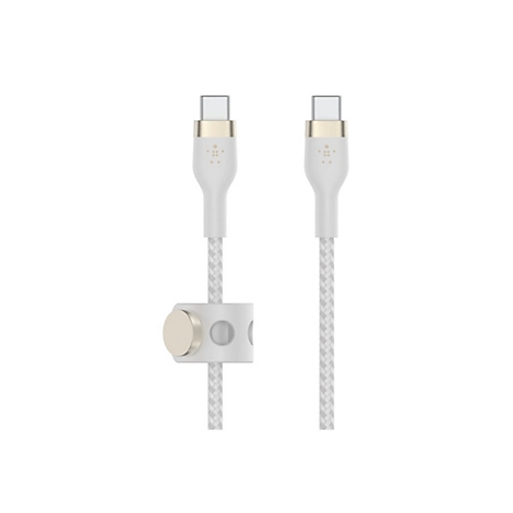 Zwei weiße USB-C-Kabel mit goldenen Enden und einem Magnetclip in der Mitte.