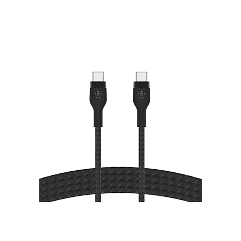 Ein schwarzes USB-C-Kabel vor weißem Hintergrund. Beide Enden sind sichtbar, mit Metallsteckern und Belkin Logo.