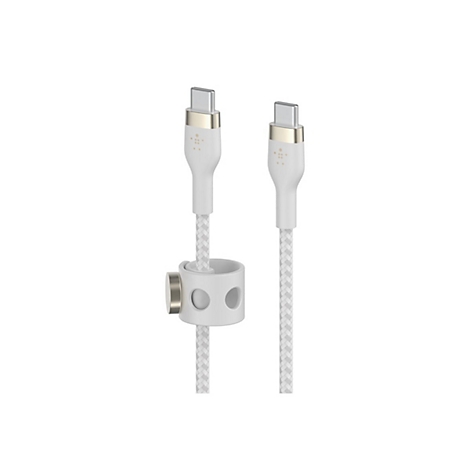 Zwei weiße USB-C-Kabel mit geflochtenen Kabeln und einem Halter auf weißem Hintergrund.