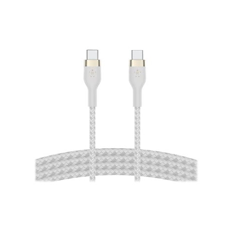 Zwei weiße USB-C-Kabel. Die Anschlüsse sind goldfarben, die Kabel haben ein geflochtenes Muster.