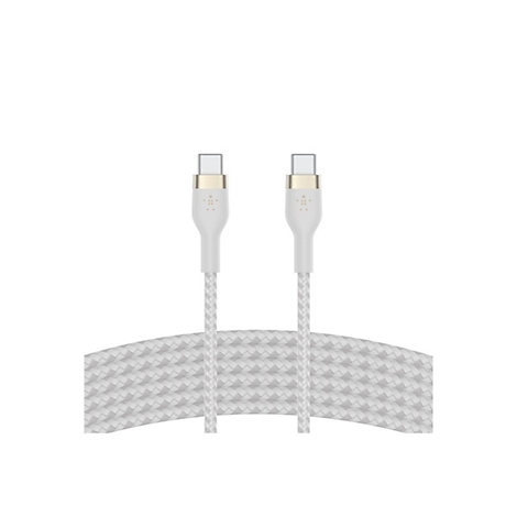 Zwei weiße USB-C-Kabel nebeneinander, mit goldfarbenen Anschlüssen und geflochtenen Kabeln, vor weißem Hintergrund.