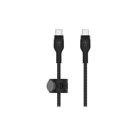 Schwarzes USB-C-Kabel mit grauer Kabelklemme, vor weißem Hintergrund.