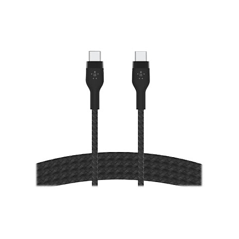 Zwei schwarze USB-C-Kabel nebeneinander mit gewebter Ummantelung, die auf weißem Hintergrund liegen.