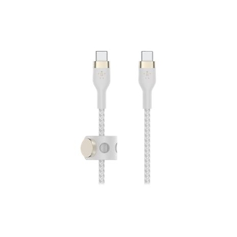 Zwei weiße USB-C-Kabel. Das eine mit einem goldfarbenen Anschluss, das andere mit einem grauen Verschluss, der die Kabel verbindet.
