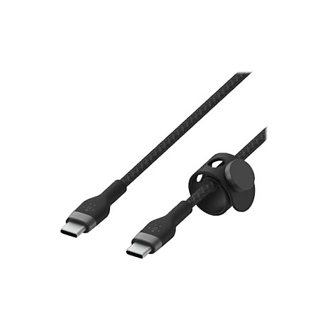 Schwarzes USB-C-Kabel mit Stecker und Kabelhalterung. Die Stecker sind aus Metall gefertigt. Das Kabel hat eine geflochtene Struktur.