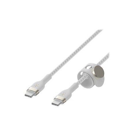 Weißes USB-C-Kabel mit grauen Enden, eingewebter Schnur und Kabelhalterung.