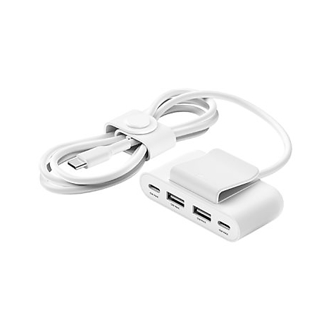 Chargeur USB-C blanc avec câble intégré et plusieurs ports.