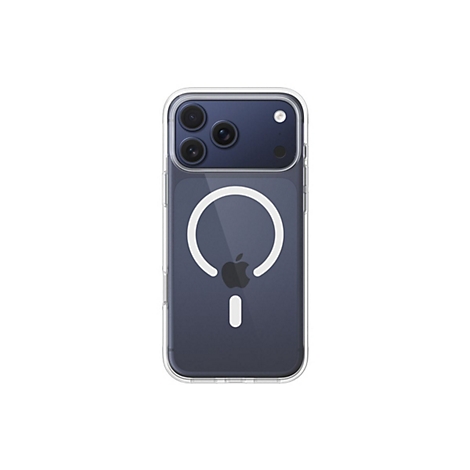 Un iPhone dans une coque transparente, avec un marquage blanc en forme d'anneau et le logo Apple.