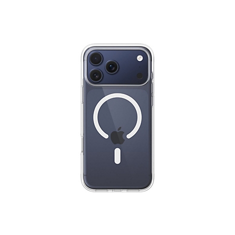 Coque transparente pour iPhone avec logo Apple et caméras sur fond blanc.