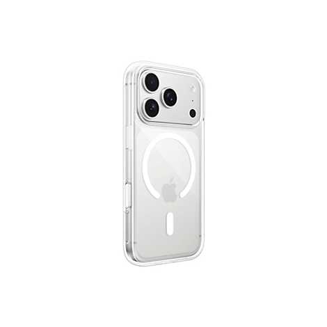Coque de téléphone transparente avec découpes pour appareil photo et logo Apple, sur fond blanc.