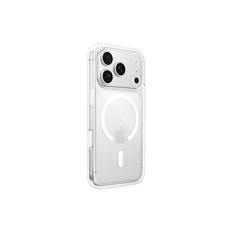 Coque transparente pour iPhone avec logo Apple et cercle MagSafe. Plusieurs lentilles de caméra sont visibles.