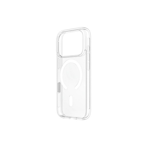 Coque de téléphone transparente avec fonction MagSafe, prise de vue détaillée sur fond blanc.