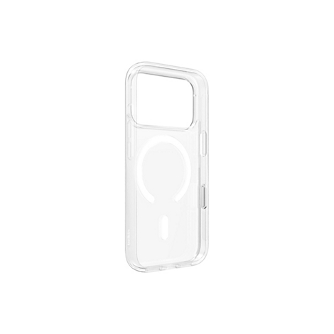 Coque de téléphone transparente avec fonction MagSafe, présentée sur fond blanc.