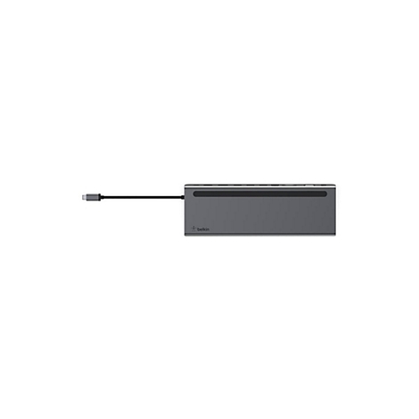 Grauer USB-C-Hub von Belkin, mit Kabel, vor weißem Hintergrund.