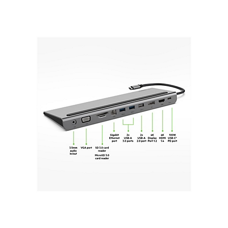 Silberne USB-C-Dockingstation, die verschiedene Anschlüsse bietet: USB-A, HDMI, VGA, Ethernet und Audio.
