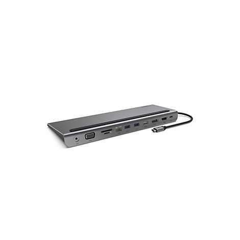 Grauer Belkin USB-C-Hub auf weißem Hintergrund mit verschiedenen Anschlüssen und Kabel.