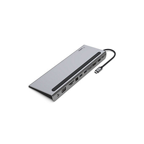 Graues Belkin USB-C Docking-Modul, schwarzer Akzentstreifen, viele Anschlüsse, Kabel mit USB-C-Stecker.