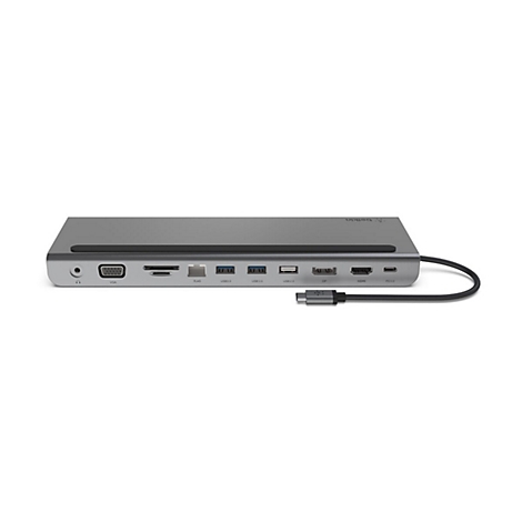 Hub USB-C gris avec divers ports comme HDMI et USB. Un câble est connecté.