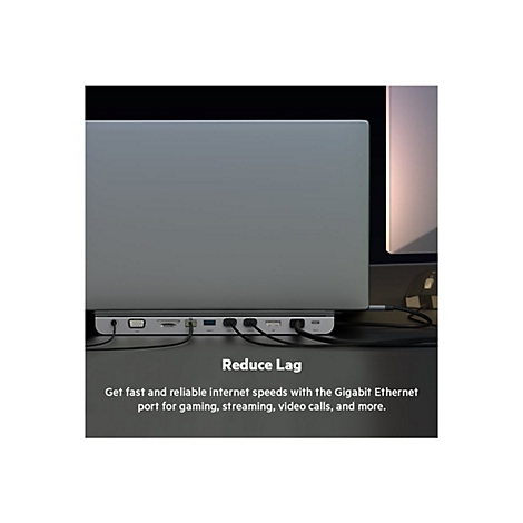 Ordinateur portable gris connecté à un dock, texte 'Reduce Lag'. Le port Ethernet promet une connexion Internet rapide.