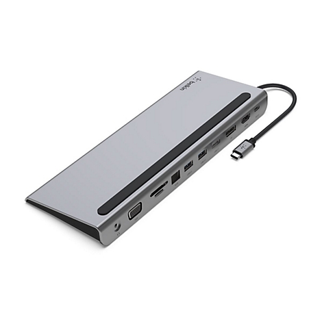 Station d'accueil Belkin grise avec divers ports. Câble avec connecteur USB-C est connecté.