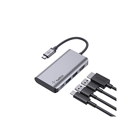 Hub USB-C Belkin gris avec cÃ¢bles connectÃ©s sur fond blanc.