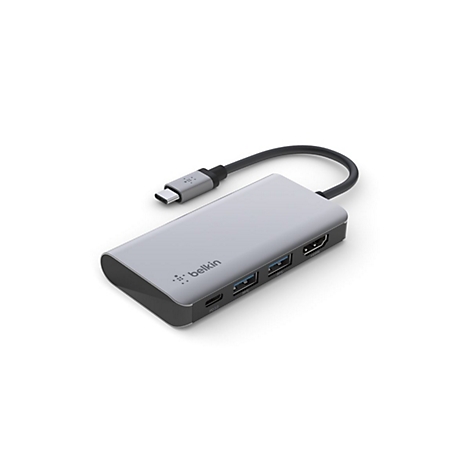 Hub USB-C Belkin gris relié à un connecteur USB-C. On y voit des ports tels que HDMI et USB.