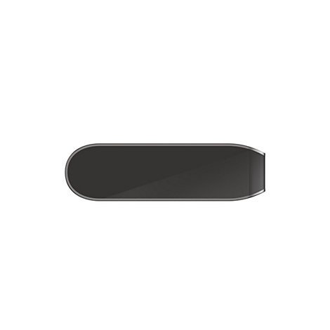 Objet rectangulaire noir avec coins arrondis, cadre argenté et surface brillante.