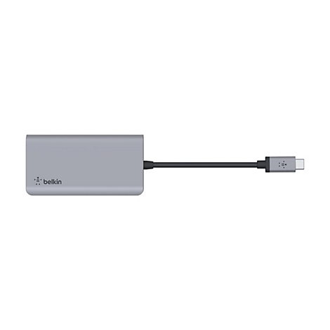 Adaptateur Belkin gris avec cÃ¢ble USB-C. Petit boÃ®tier avec logo Belkin. Le cÃ¢ble mÃ¨ne au connecteur USB-C.