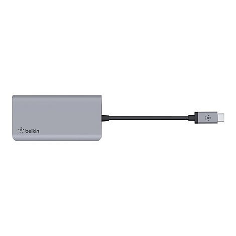 Hub USB-C Belkin gris avec cÃ¢ble noir et connecteur USB-C. L'inscription Belkin est visible sur le boÃ®tier.