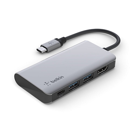 Hub USB-C gris de Belkin. Un cÃ¢ble noir relie le hub Ã  un connecteur USB-C. Plusieurs ports sont visibles sur le hub.