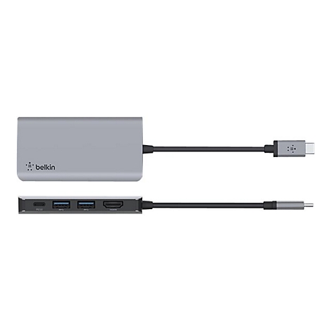Hub USB-C Belkin gris avec ports USB et sortie HDMI. CÃ¢bles avec connecteurs USB-C et USB-A.