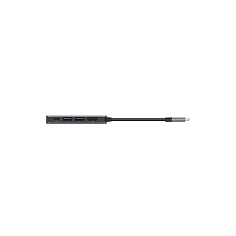 Grauer USB-C Hub mit verschiedenen Anschlüssen, Kabel und Stecker.