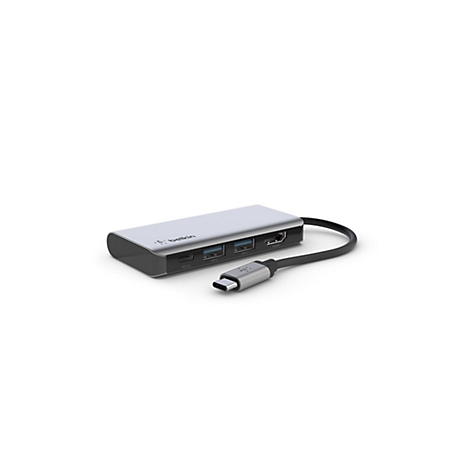 Grau-silberner USB-C Hub von Belkin mit Anschlüssen, Kabel, weißem Hintergrund.