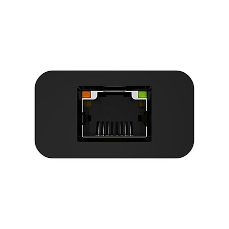 Nahaufnahme eines schwarzen Geräts mit einem Ethernet-Anschluss; orange und grüne LEDs.