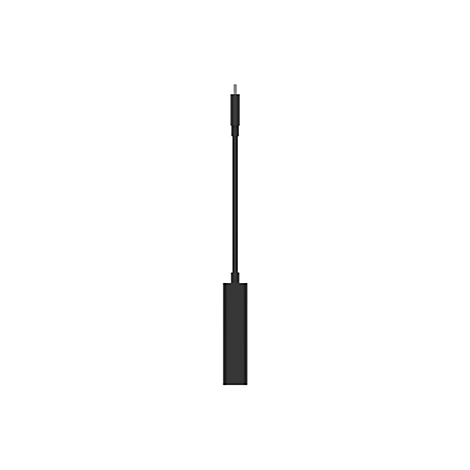 Schwarzes USB-C-Kabel, senkrecht vor weißem Hintergrund. Stecker oben, länglicher Stecker unten.